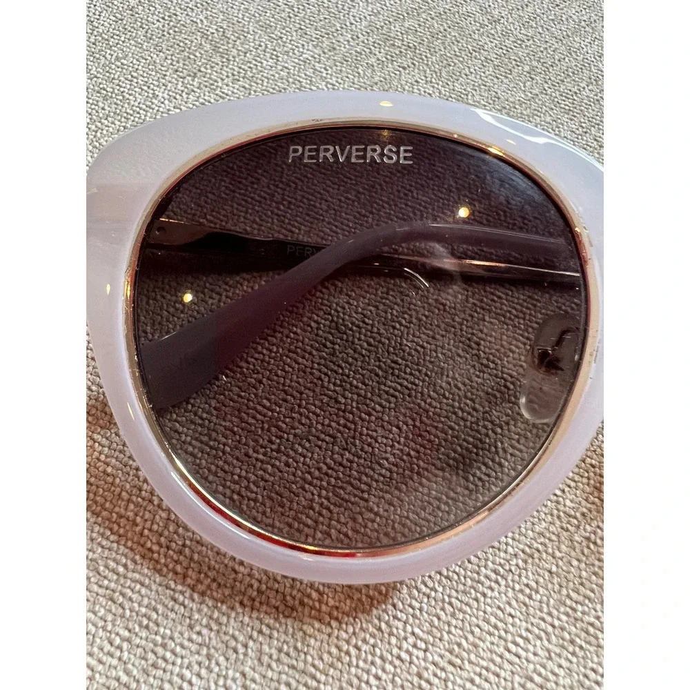 Perverse Sunglasses Lavender Lilac Oversized Round Gold Trim Dark Tint Lenses